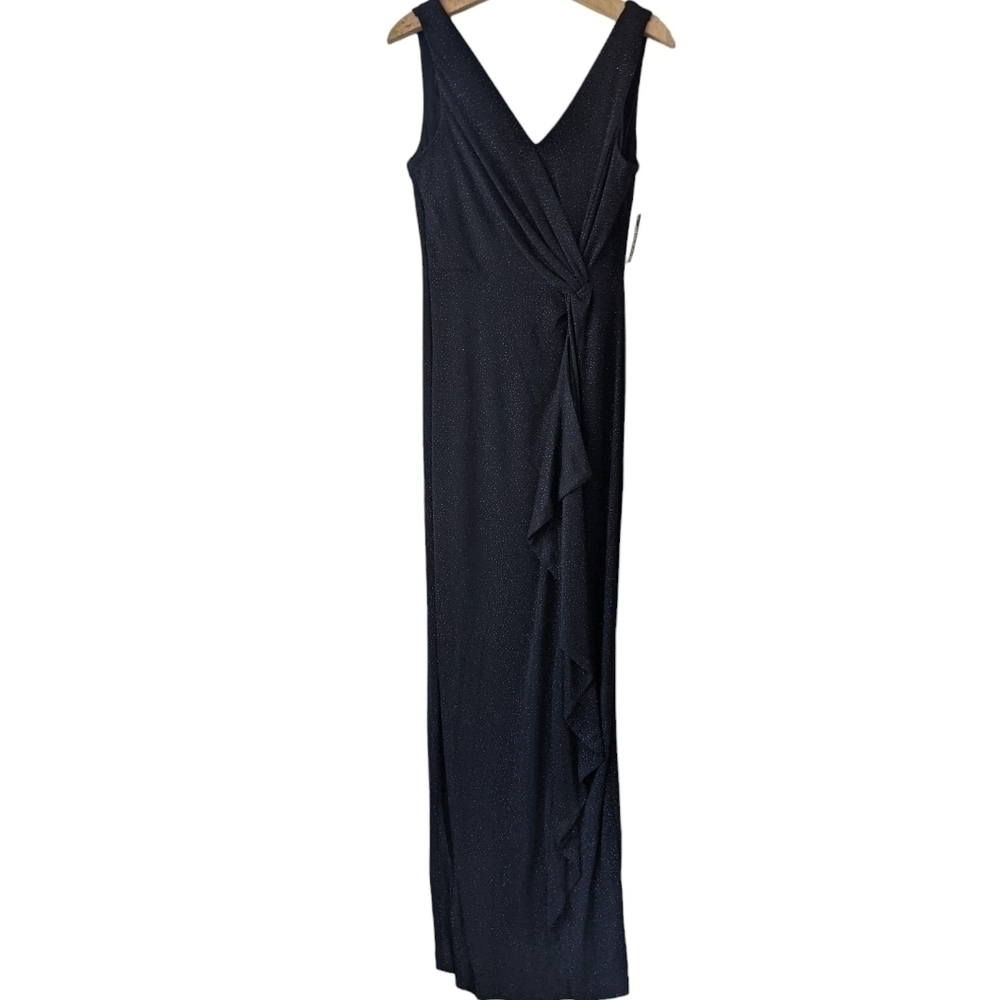 Alex Evenings V-Neck Sleeveless Maxi Dress Glitter Black Formal Gown Size 12 NEW